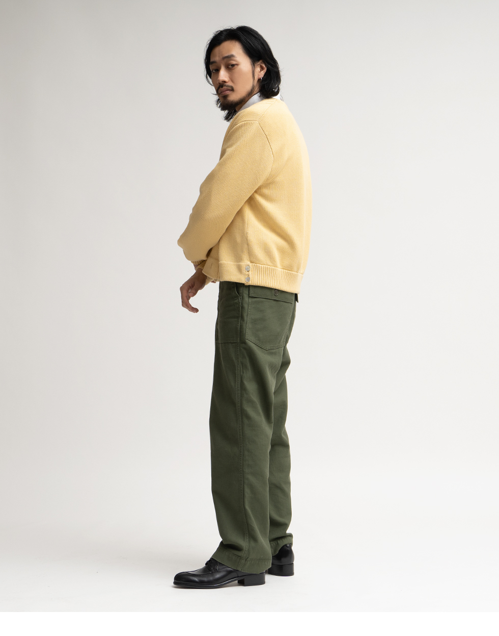 45rpm ウールニット ジャケット カーディガン ダブル　カーキ カーディガン ダブルジップ襟付きニットカーディガン レディース