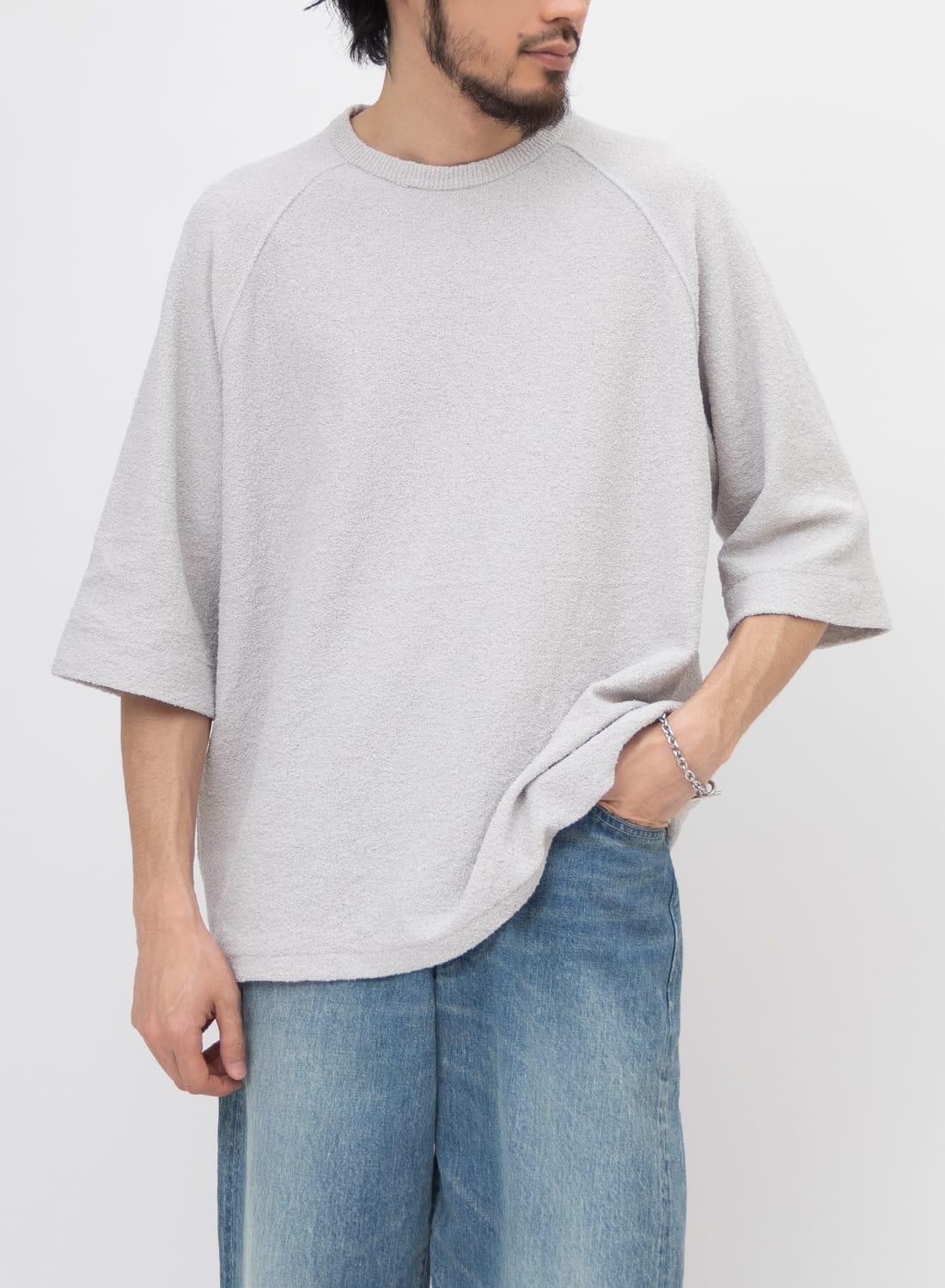 naptime刺繍グレーラグランスリーブトレーナー C.E - Crew Neck DBL Knit Short Sleeve Charcoal | ALTERFATE